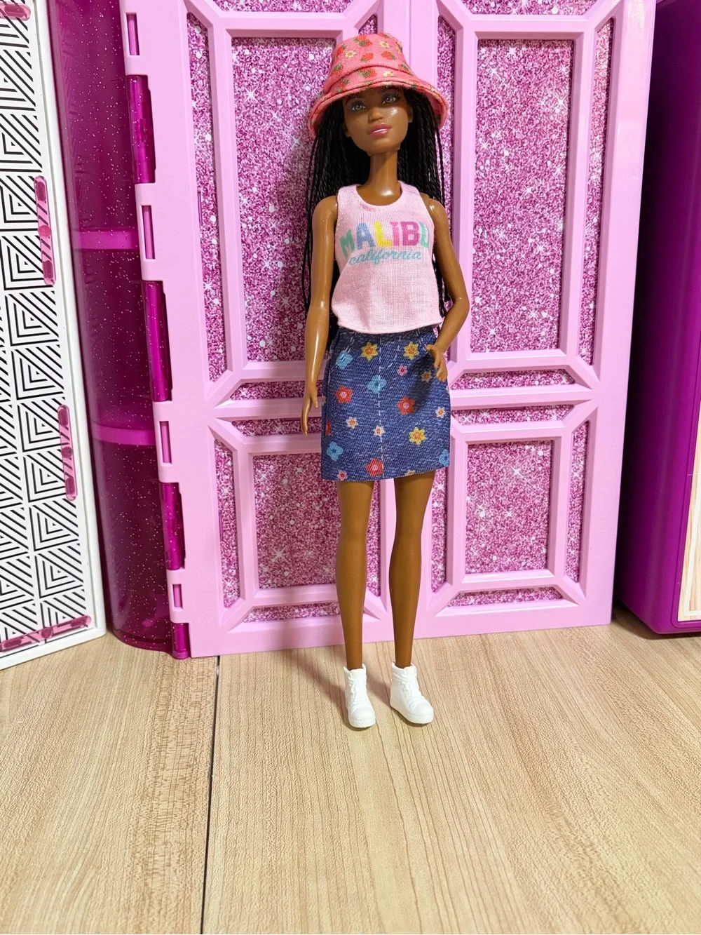 Barbie Pink Malibu Tank & Denim Floral Skirt Outfit
